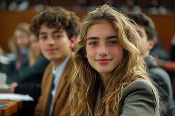 Obraz premium Young Woman Smiling With Friends in a Classroom Setting