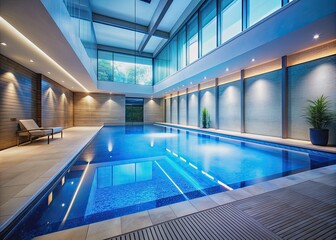 Vibrant blue chlorinated water flows through a futuristic designed swimming pool with sleek lines, geometric shapes, and misty atmosphere, evoking a sense of modern luxury.