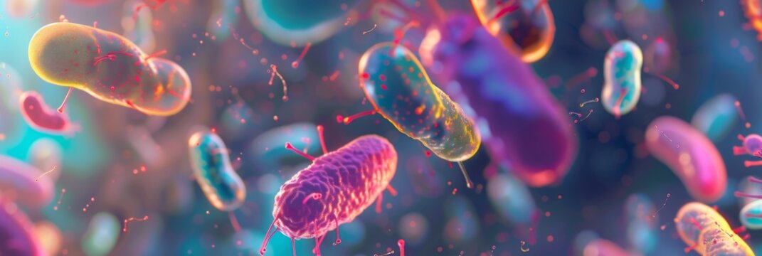 Probiotics bacteria under microscope abstract colorful background. Close-up of biological medicine