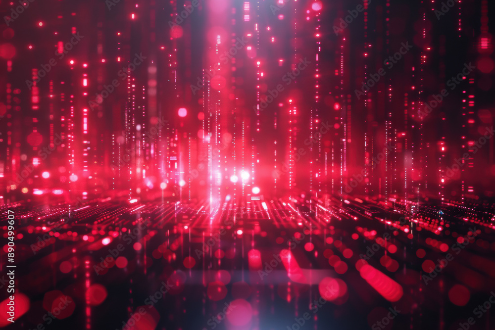 Poster futuristic digital red neon glowing dots and lines in matrix formation creating a data stream backgr