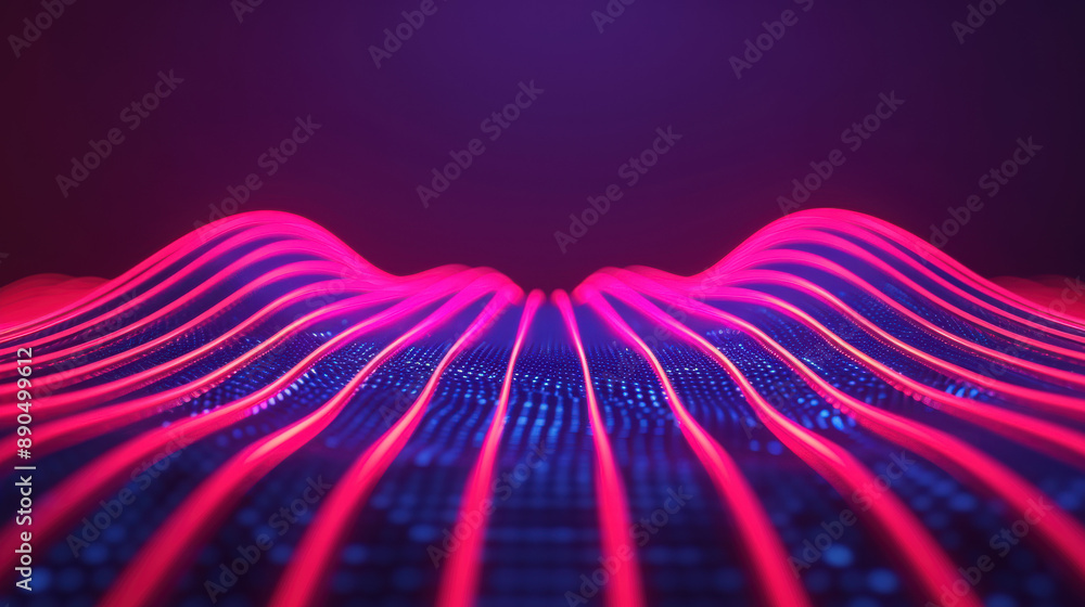 Poster abstract digital landscape with neon glowing lines and dots in a wave pattern on a dark background, 