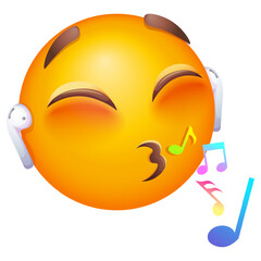 Emoji with earphones listening to music. Emoticon singing on white background. Emoji for party, celebration, invitation, postcard, print, graphic design elements. Cute emoticon
