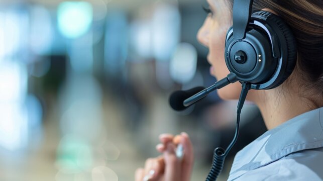 Corporate employee providing customer support services, promoting professional assistance within a business environment.