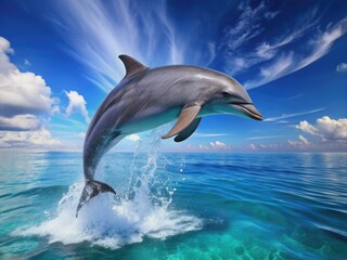 Fototapeta premium A majestic bottlenose dolphin leaps out of the vibrant blue water, its sleek grey body arcing in a joyful, three-dimensional jump, showcasing intelligence and aquatic elegance.