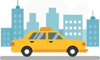 Illustration of a yellow taxi cab driving in a city with tall buildings in the background.