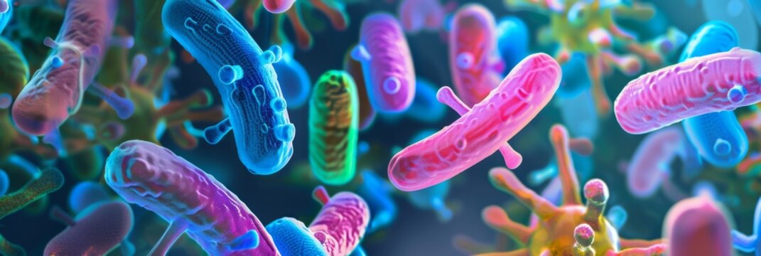 Probiotics bacteria under microscope abstract colorful background. Close-up of biological medicine