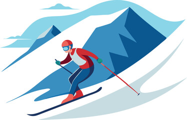Fototapeta premium Detailed illustration of a skier in vibrant gear skiing down a snowy mountain. Perfect for winter sports, mountain activities, and outdoor adventure themes.