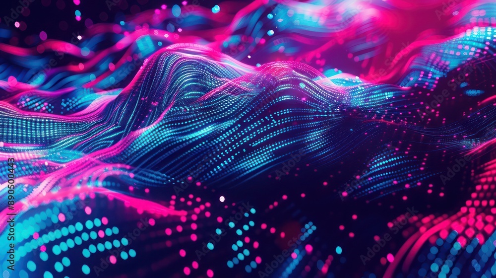 Poster glitch art abstract background with vibrant neon pink and blue colors, featuring pixelated distortio
