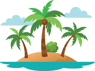 Naklejka premium Flat design illustration of a tropical island with palm trees, blue ocean, and clouds, offering a serene vacation vibe.