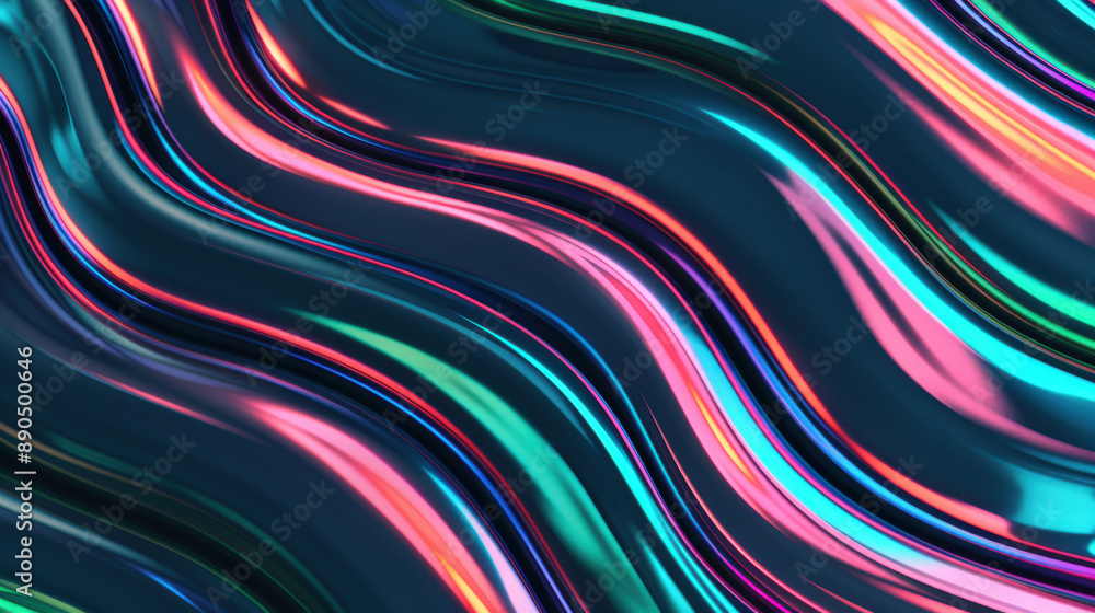 Poster abstract dark wavy background with vibrant multicolor light reflections creating dynamic flowing lin
