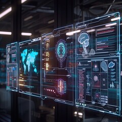 UI for medical applications. Infographics about futuristic medicine and health technology elements of the HUD moving. Medical data is evaluated by artificial intelligence on a holographic screen.