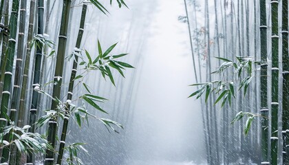 The bamboo forest stands resilient against the snowstorm. Delicate flakes accumulate, transforming the grove into a winter sculpture garden.