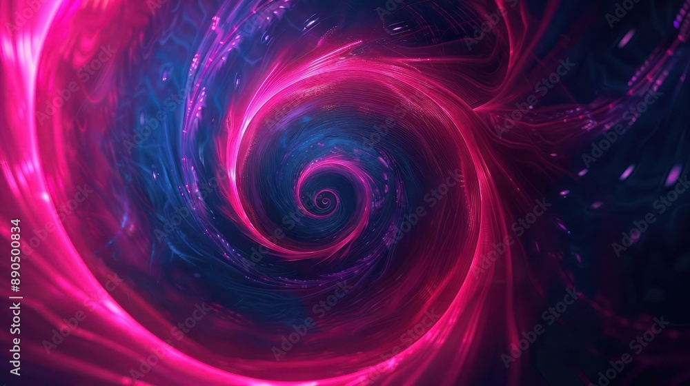 Poster intense magenta and deep indigo spirals warp together, creating an abstract space-time vortex with a