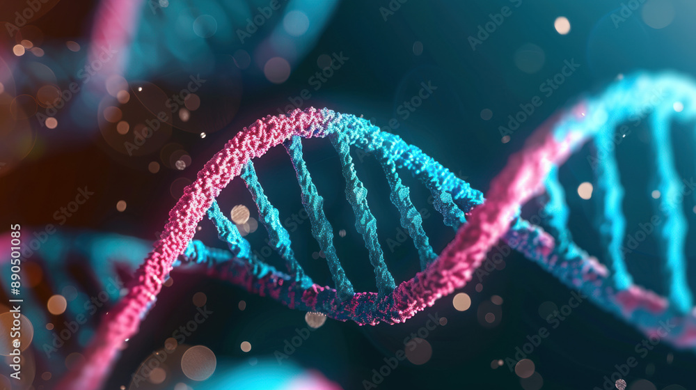 Poster close-up of a dna helix structure illuminated with vibrant colors, highlighting the complexity and b
