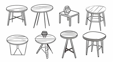 Simple round table with continuous line art, with various coffee tables in a linear drawing collection. Isolated vector objects on a white background. 
