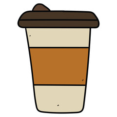Hand drawn cartoon disposable coffee cup on white background.