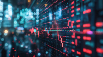 Obraz premium Digital display of a stock market graph with red and green lines on a high-tech screen, illustrating trading and market activity.