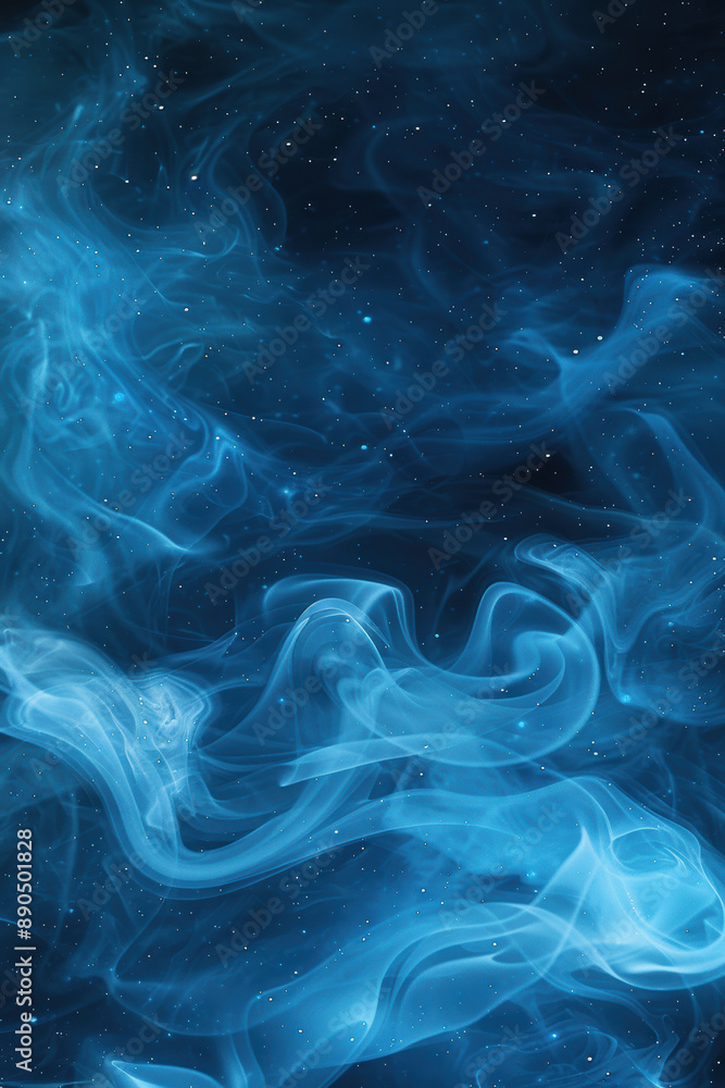 Poster abstract blue smoke swirls on dark background with stars, creating a mysterious and ethereal atmosph