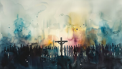 A watercolor painting of Jesus on the cross with many people in silhouette, portraying the crucifixion and the sacrifice.