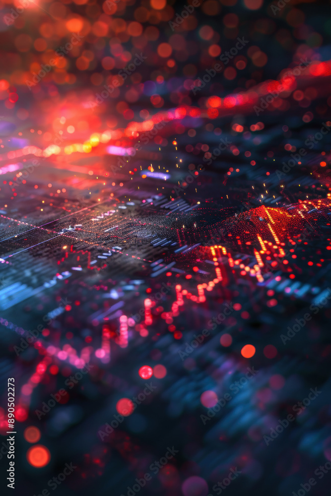 Poster abstract digital data visualization with glowing neon lights and dynamic charts, illustrating futuri