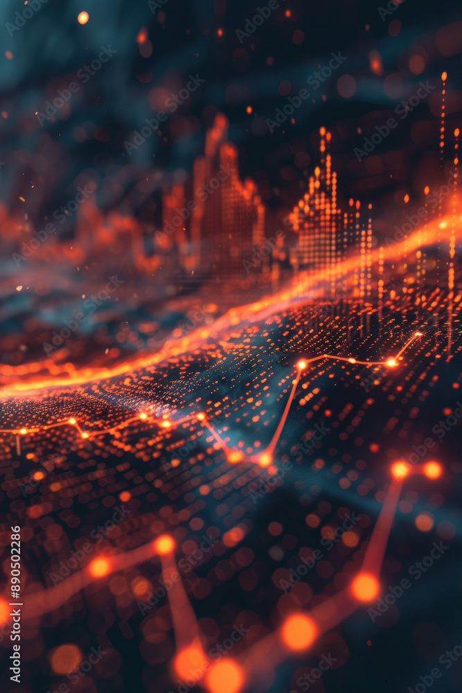 Poster a futuristic digital landscape with glowing, abstract data visualizations in red on a dark backgroun