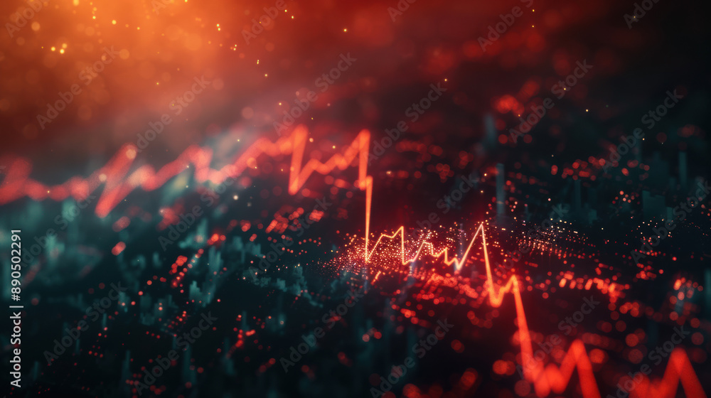 Poster dynamic red line chart visualizing data fluctuations in a digital, futuristic environment with glowi