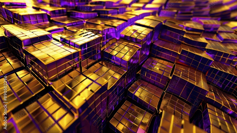 Poster luminous gold and purple 3d tessellations with interlocking square shapes, forming a visually comple