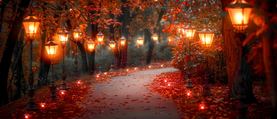 Obraz premium Lanterns Along Path In Autumn Forest. Glowing lanterns light up a serene wooded path with fallen leaves.