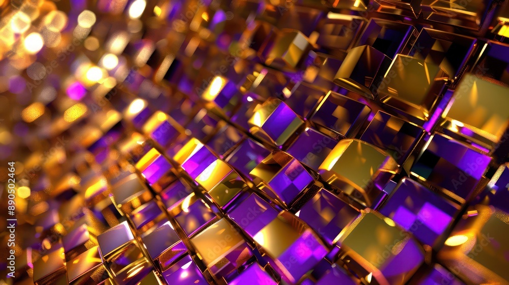 Poster luminous gold and purple 3d tessellations with interlocking square shapes, forming a visually comple