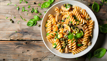 Vegetarian Vegetable pasta Fusilli with zucchini, mushrooms and capers in white bowl on wooden table. Top view
