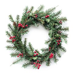 A high-quality stock image of a Christmas wreath on a white isolated background. The wreath is lush and green, adorned with festive decorations, perfect for holiday decor. AI generation.