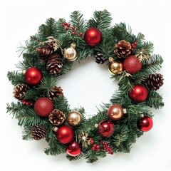 A high-quality stock image of a Christmas wreath on a white isolated background. The wreath is lush and green, adorned with festive decorations, perfect for holiday decor. AI generation.