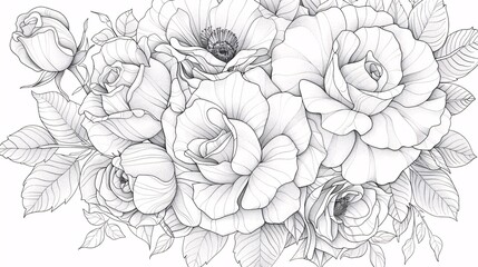 Line art rose bouquet for coloring, in the style of intricate floral designs