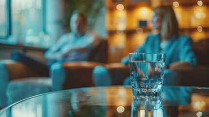 Obraz premium Image showing two people sitting in a dimly lit room with a glass of water on a table in the foreground.