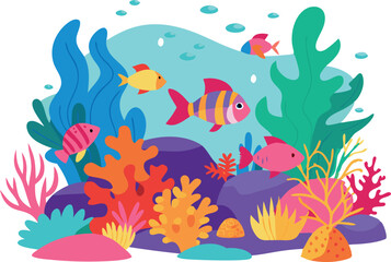 Vibrant underwater scene featuring tropical fish swimming among colorful coral reefs and sea plants. Ideal representation of marine life and ocean biodiversity.