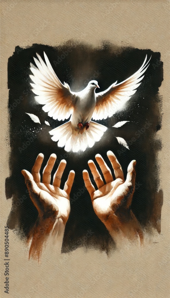 Poster dove flying over the hands in worship. illustration in oil painting style.