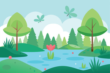 Obraz premium Peaceful landscape with a lake, trees, flowers, and dragonflies under a clear sky. Ideal for nature-themed designs.