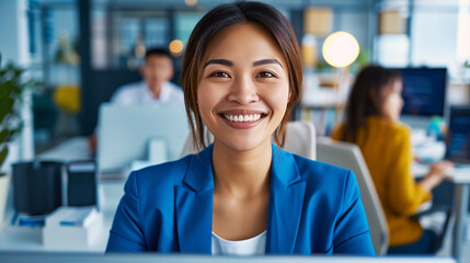 Fototapeta premium Happy smiling Korean businesswoman in blue suit typing on laptop in bright office. Business concept.