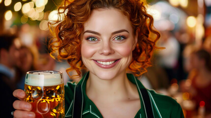 Beautiful woman with red curly hair holding a beer mug and smiling at an outdoor Oktoberfest celebration, surrounded by a lively crowd.