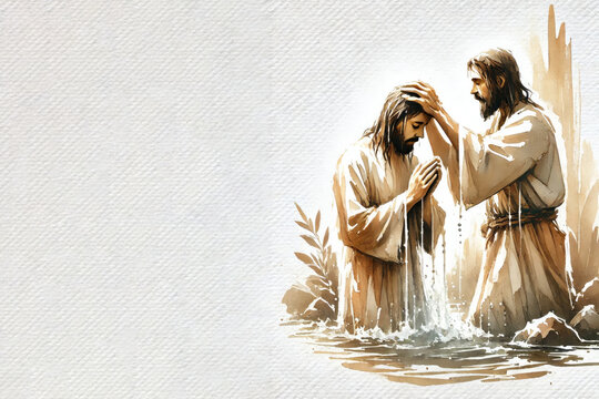 John the Baptist baptizes Jesus in the Jordan. Digital painting on white background, copy space.