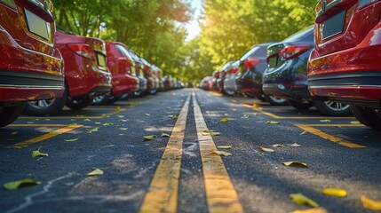 The car is parked in an outdoor parking lot with a single lane split in the middle for passing cars.