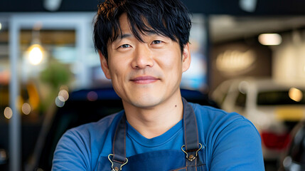 Happy Asian auto mechanic in blue shirt and apron working in a repair shop, demonstrating skill and precision in automotive repair.