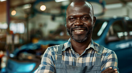 Fototapeta premium Skilled middle age African mechanic in plaid shirt and apron an auto repair shop, representing hands-on technical expertise.