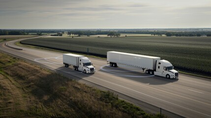 A white semi-truck with a gray trailer drives down a highway, with blue, circular, safety features displayed on the road surface around it