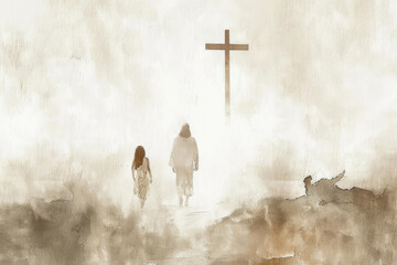Man and woman on the background of the cross in the sky. Digital painting.