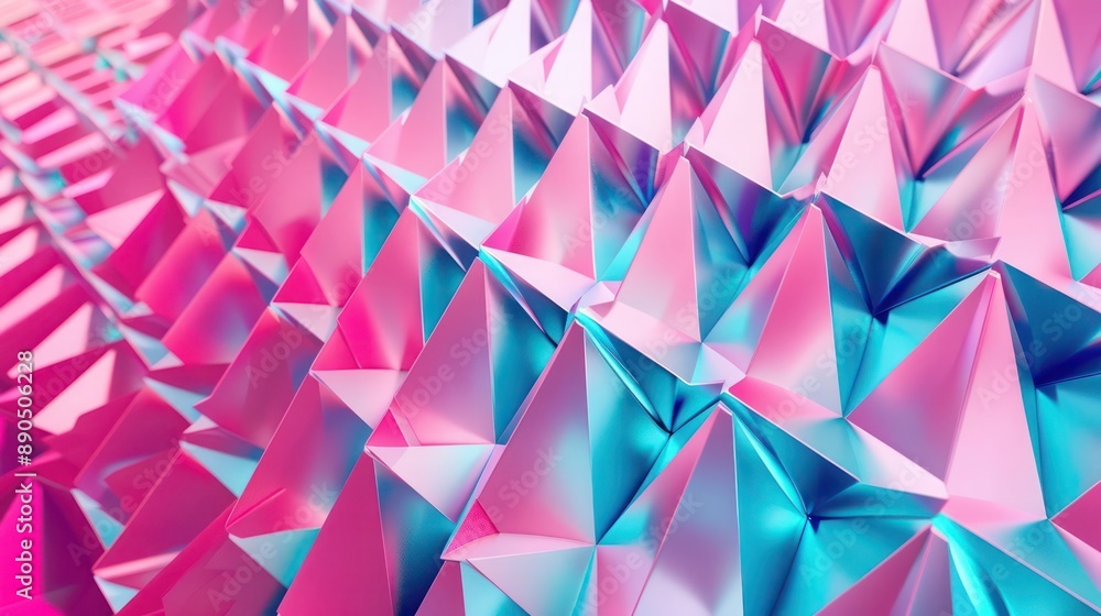 Poster radiant pink and blue 3d tessellations with repeating triangular shapes, creating a dynamic and capt