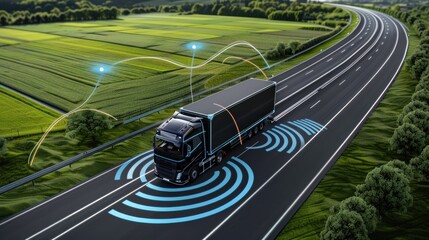 A white semi-truck with a gray trailer drives down a highway, with blue, circular, safety features displayed on the road surface around it