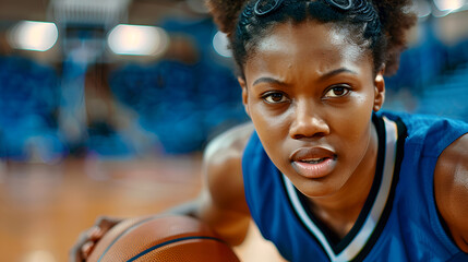 Young African girl basketball player in action, representing the excitement and challenge of the game.