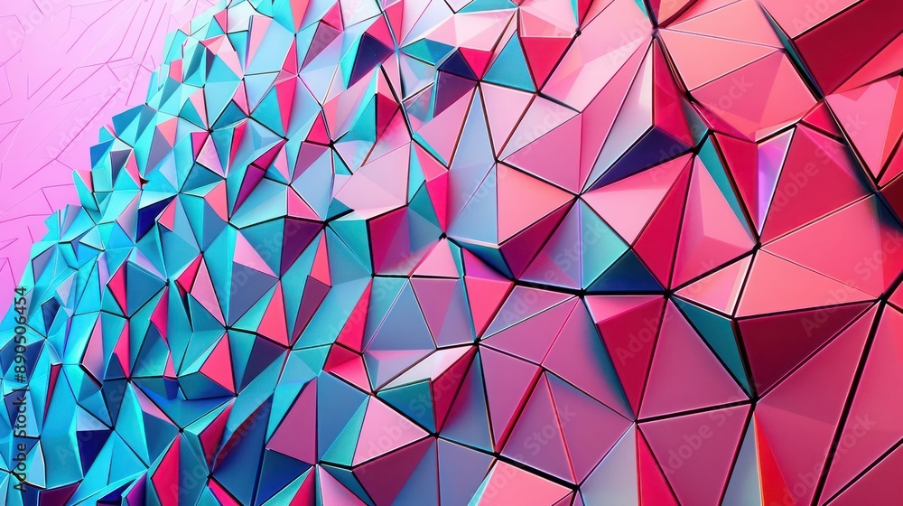 Poster radiant pink and blue 3d tessellations with repeating triangular shapes, creating a dynamic and capt