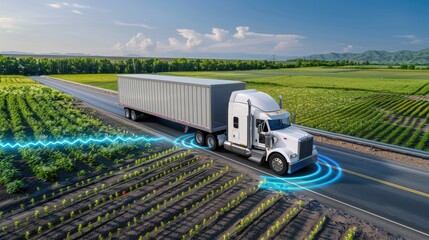 A white semi-truck with a gray trailer drives down a highway, with blue, circular, safety features displayed on the road surface around it